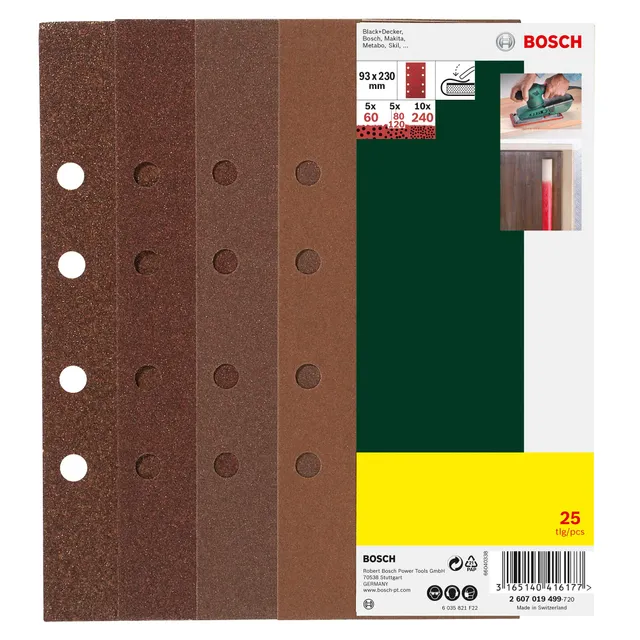 Bosch Abrasifs 25 feuilles 93x230 mm 8 trous grain 60-240