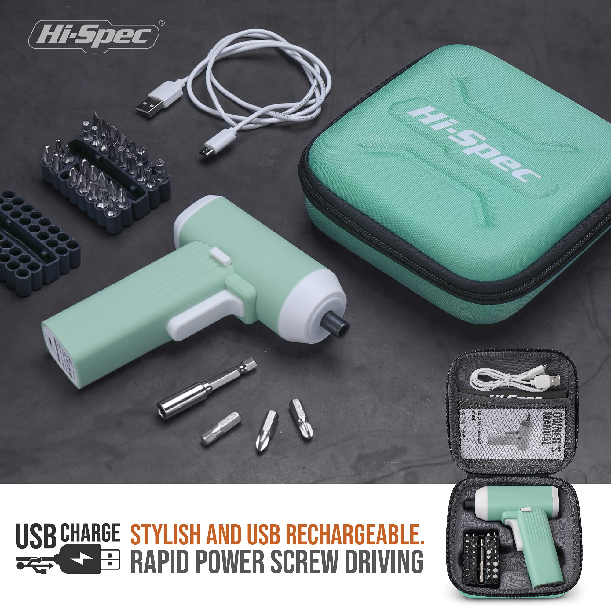 Hi-Spec Tournevis électrique 3.6V vert menthe 33 embouts
